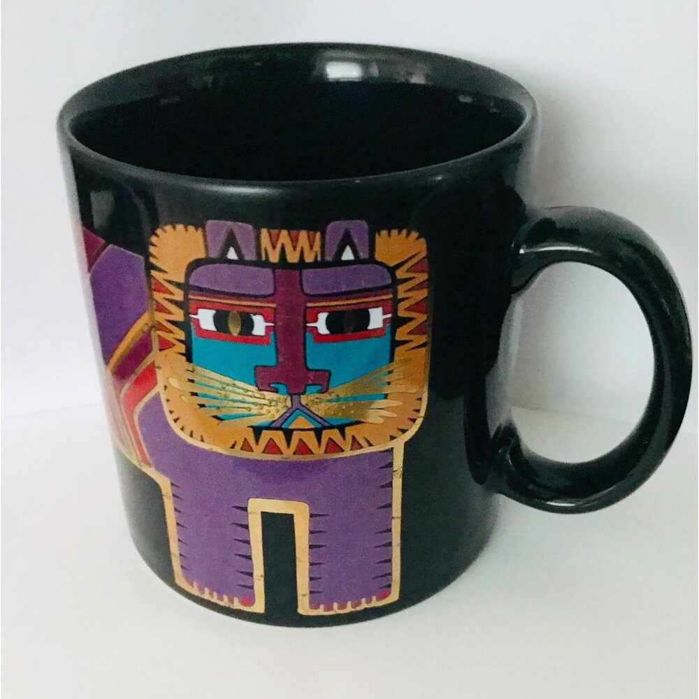 Vintage Laurel Burch Lion Mug Black Purple Gold Stylized MCM Japan